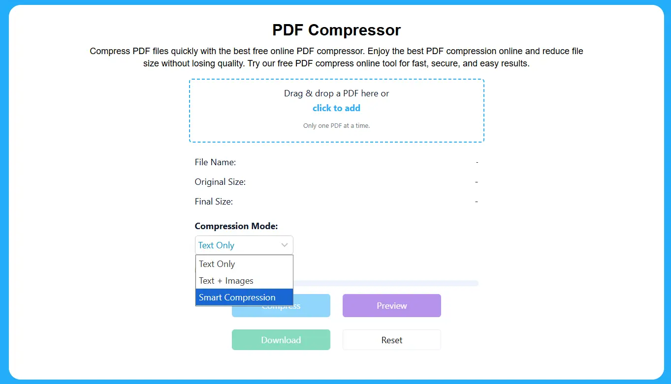 Online PDF compressor with adjustable quality modes for reducing file size.