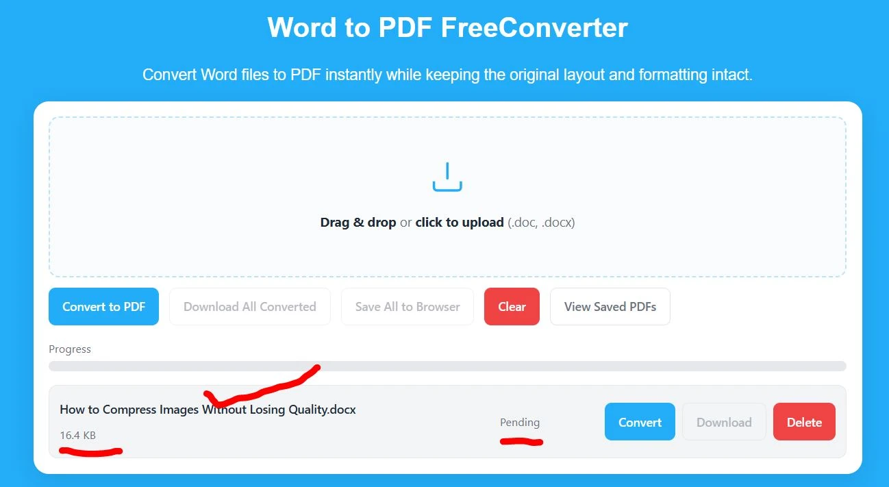 showing uploaded file details in word to pdf converter